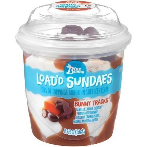 Load’d Sundaes from Blue Bunny are made with tons of toppings swirled together in soft ice cream.