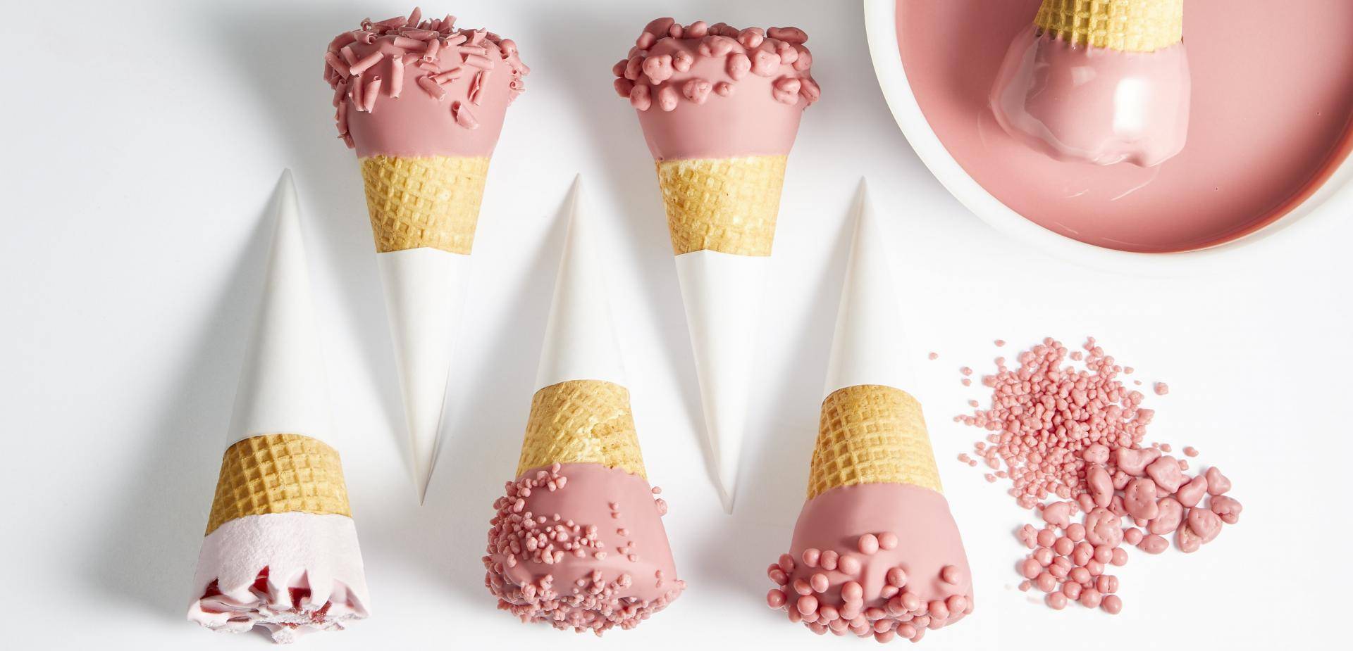 six ice cream cones with ruby