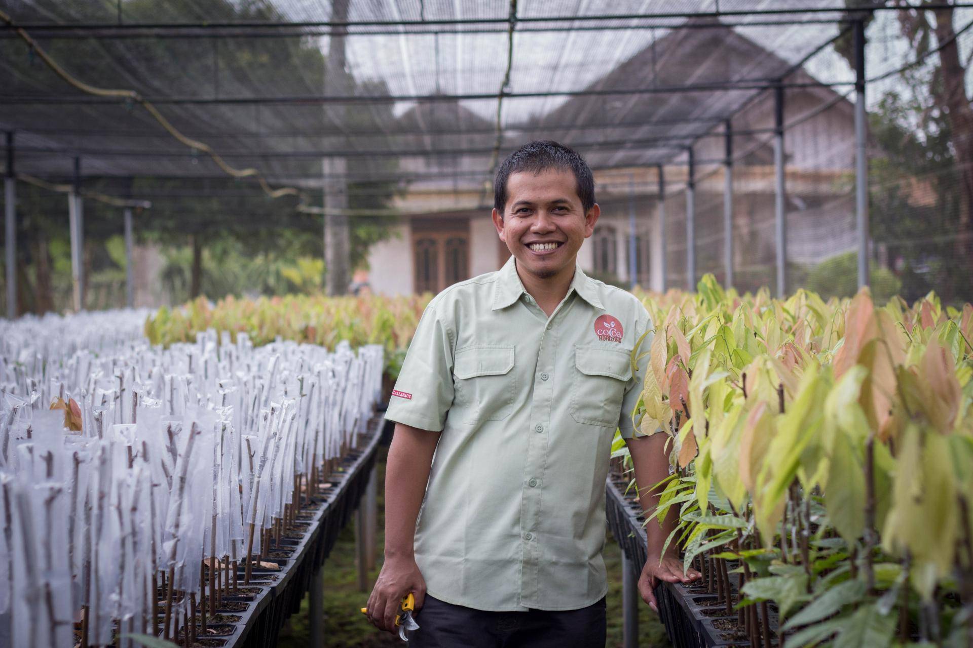 Barry Callebaut employee Sarono at cocoa nursery