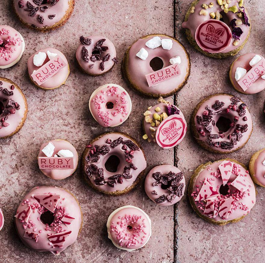 Ruby Chocolate Donuts with Ruby Chocolate Decorations