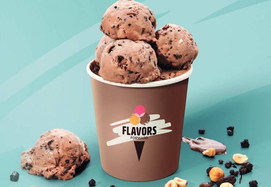 Flavors Forward ice cream point on greenish background.