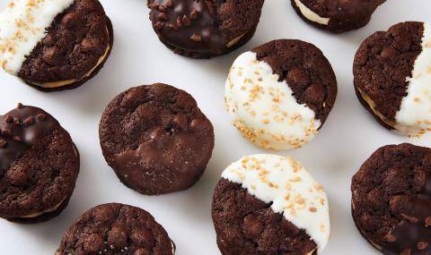 Chocolate cookies dipped in white chocolate