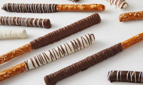 Pretzels coated in white and milk chocolate 