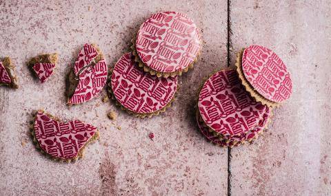 Ruby chocolate biscuits with ruby transfer sheets