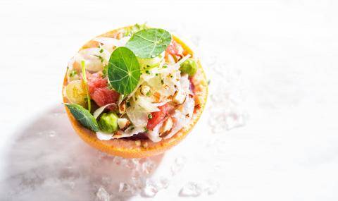 Fresh, healthy and tasty food. Grapefruit, Ceviche, Cacaofruit