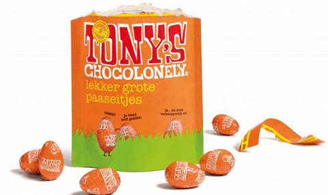 Tony’s Chocolonely milk chocolate Easter eggs with Caramel Sea Salt inclusions