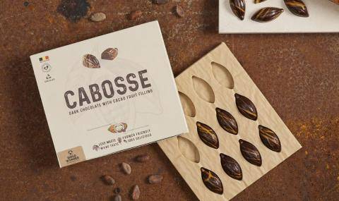 the cabosse praline presented, created with cacaofruit pulp