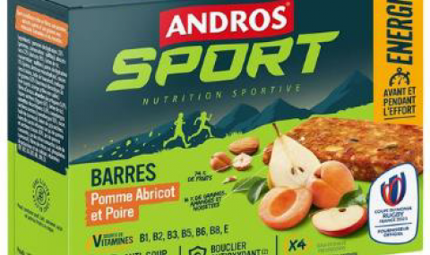 Andros apple apricot and pear sports nutrition bars. They are rich in fruits, nuts, seeds and a source of vitamins (B1, B2, B3, B5, B6, B8 and vitamin E). Vitamin B6 helps reduce fatigue and vitamin B2 helps protect cells against oxidative stressproduced during exercise.