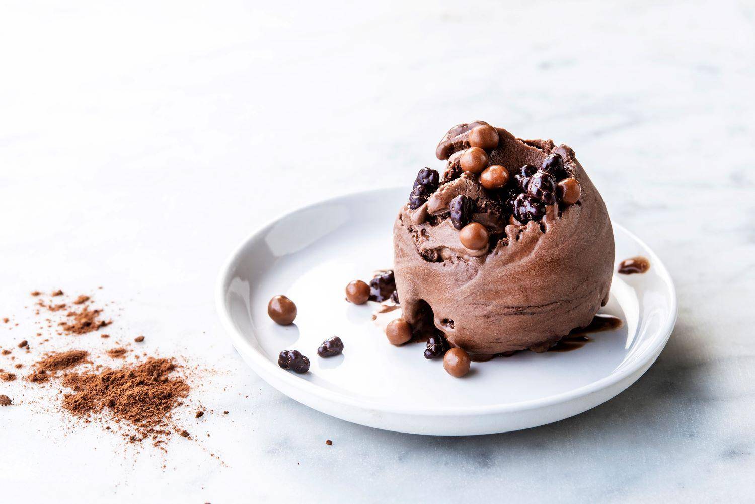 dark chocolate ice cream on white dish