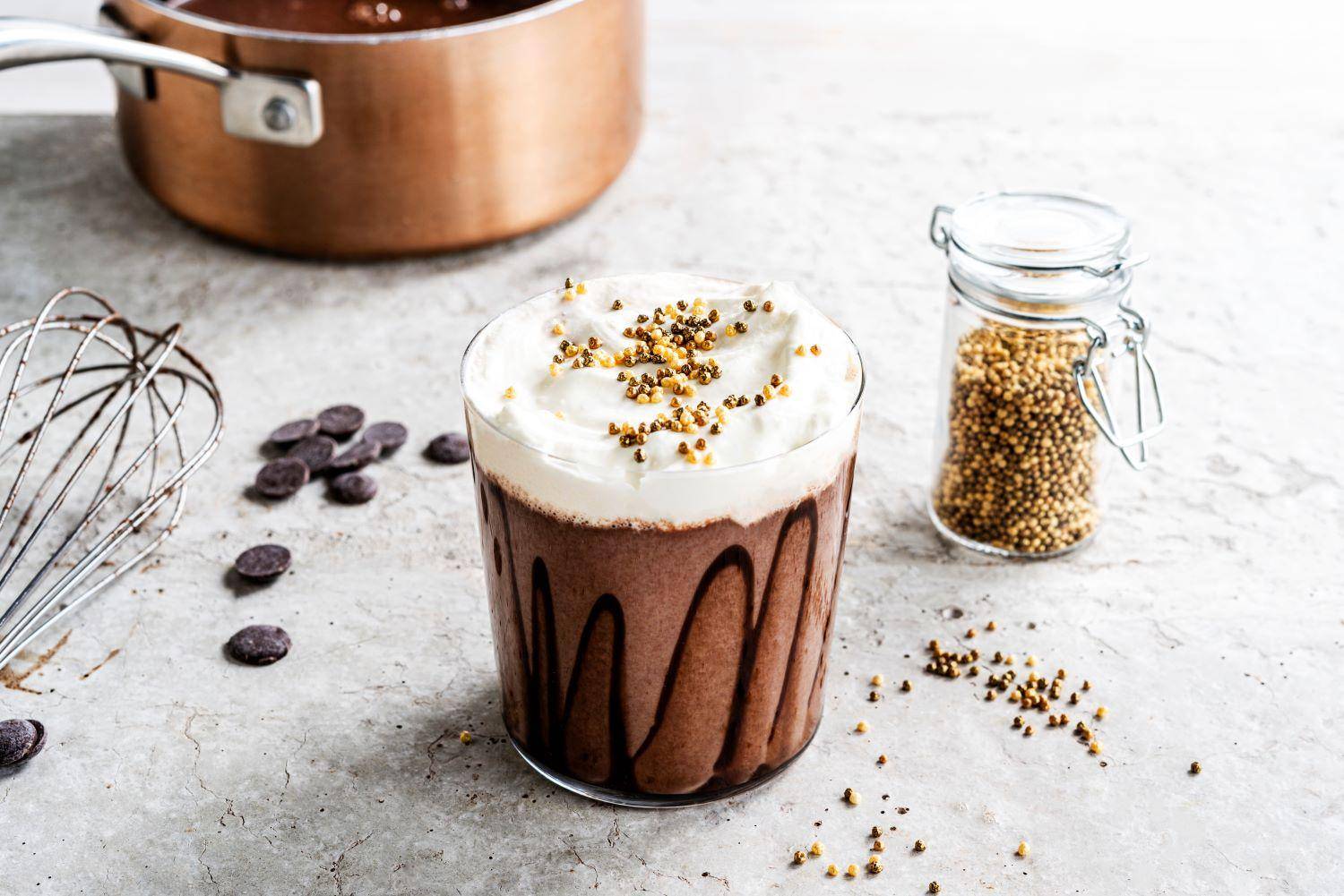 cocoa beverages on white table