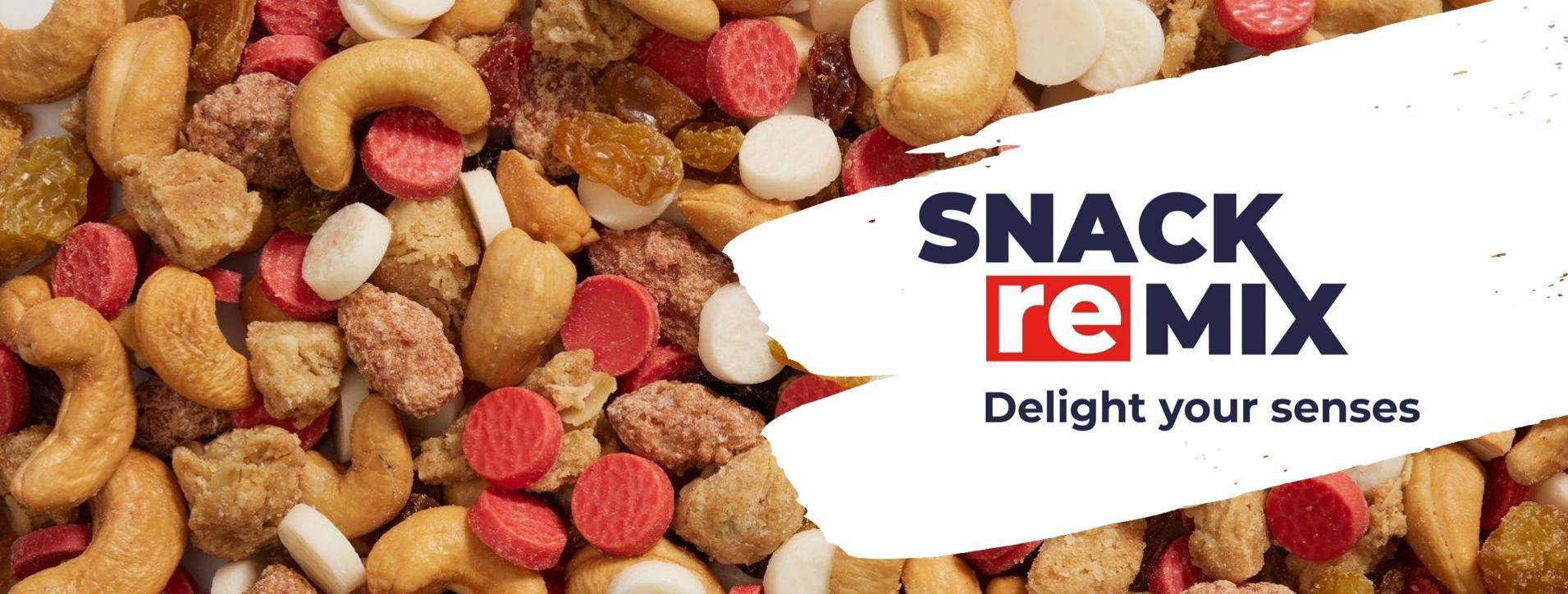 snack remix logo on background of trail mix