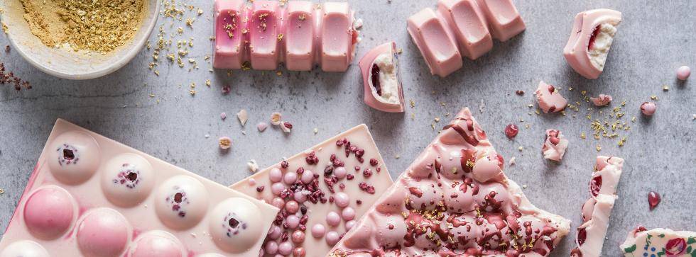 Pink chocolate bars with chocolate inclusions and crispy bites chef Sarah Hartnett