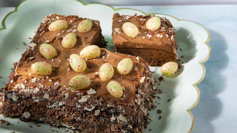 Brownie with Easter eggs and shavings decorations