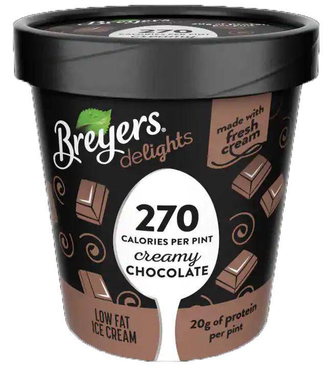 A black pint carton of Breyers Delights ice cream in creamy chocolate
