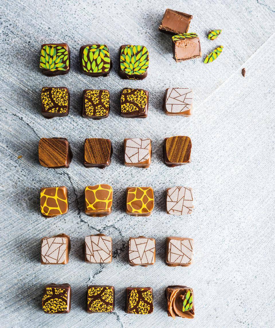 Pralines made with Single Origin chocolate and exotic prints