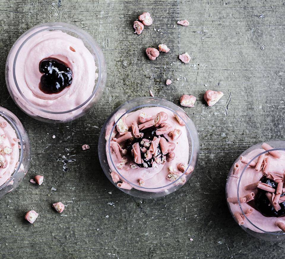 Raspberry mousse with ruby chocolate curls