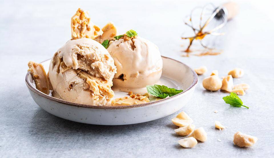 Ice cream made with caramelized macadamia paste and pieces