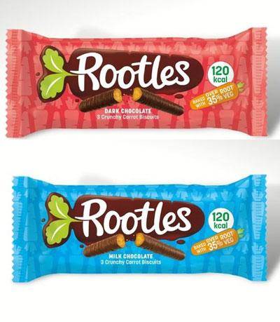 Rootles Biscuit sticks made with carrot and sweet potato, coated in their best milk or dark chocolate (UK).