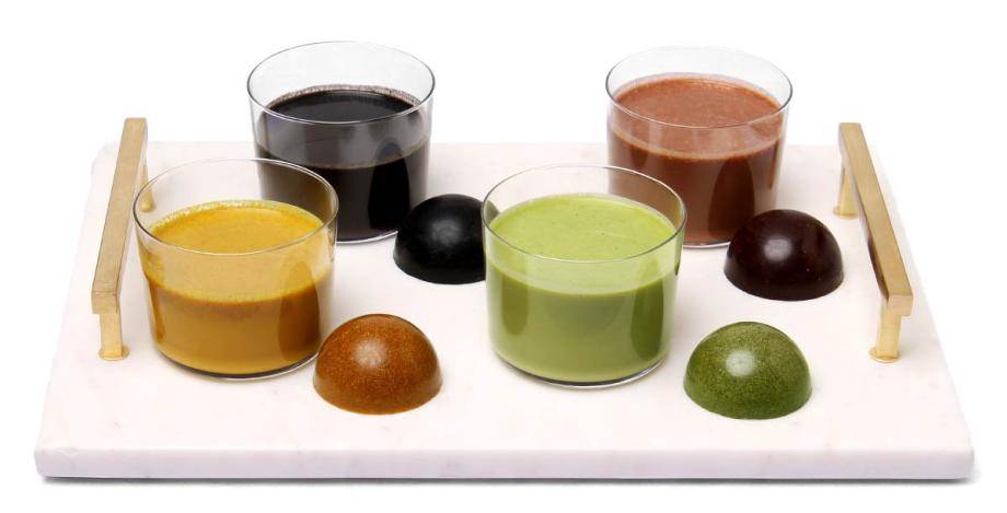 Tray with 4 glasses with Vosges Cacao elixirs