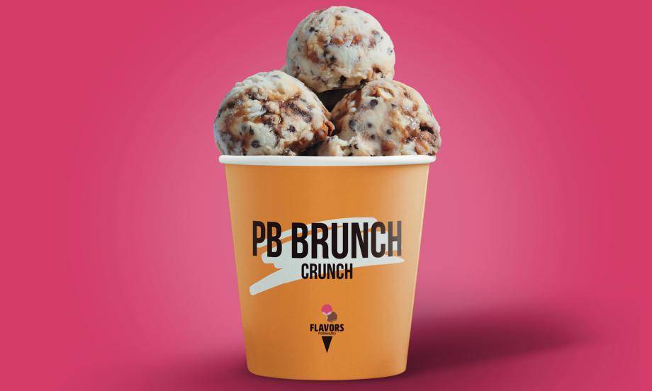 pint of pb brunch crunch ice cream on pink background