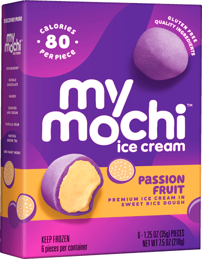 MyMochi Passionfruit Mochi Ice Cream is a tropical twist on a chewy mochi shell filled with creamy passionfruit ice cream, blending bold flavor with a multi-sensory texture.