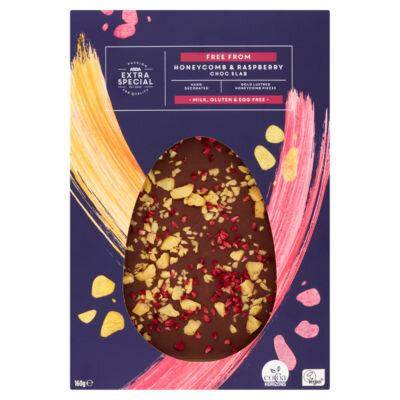 Easter egg shaped chocolate slab with honeycomb and raspberry