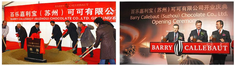 (Left) Groundbreaking of the Suzhou factory in 2007. (Right) Official Opening Ceremony in January 2008.