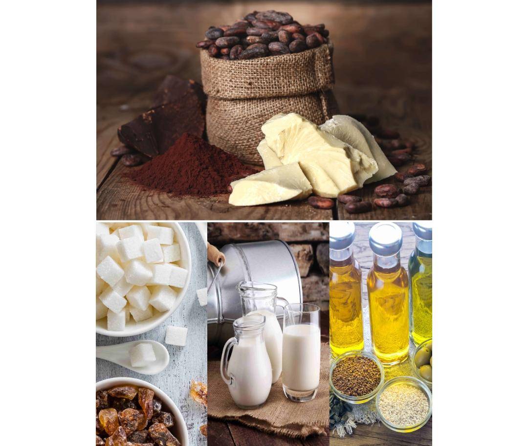 cocoa, sugars, oils, and dairy