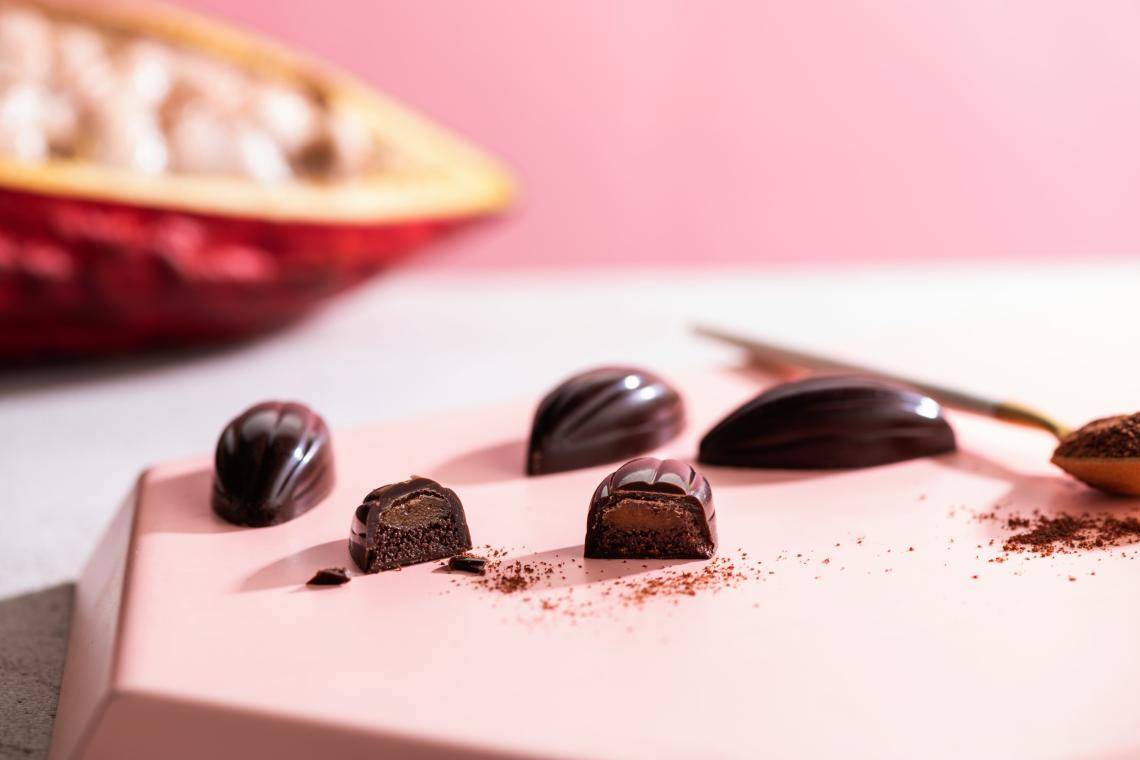 Plant based cacaofruit praline made with Cabosse Naturals cacaofruit powder