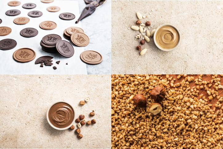 Plant based chocolate, hazelnut and almond filling, hazelnut crocant