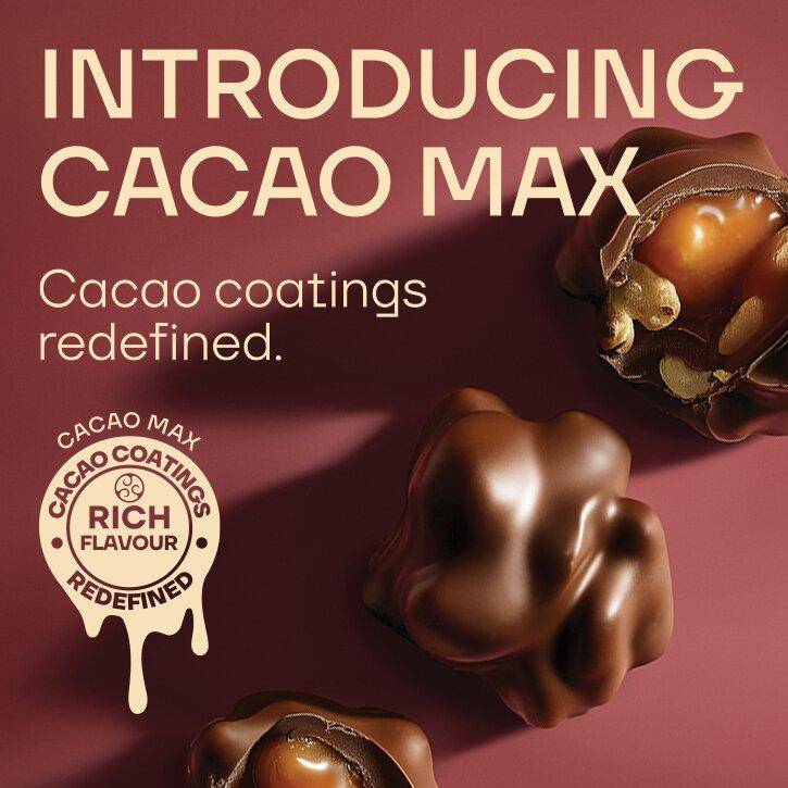 Cacao Max applications and logo on a red background