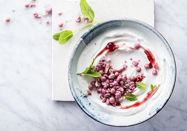 Yogurt with Ruby Chocolate Crispy Bites