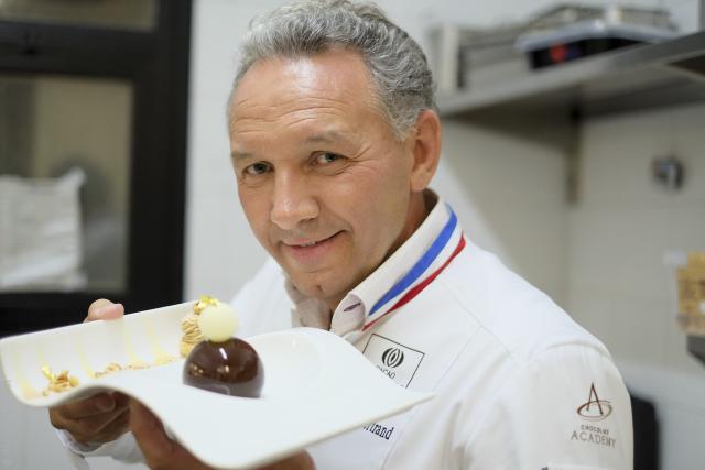 Philippe Bertrand, MOF, with his dessert creation - the Paris-Brest.