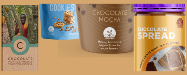 Packaging examples with Cocoa Horizons logo and sustainable cocoa claims