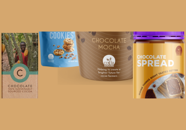 Packaging examples with Cocoa Horizons logo and sustainable cocoa claims