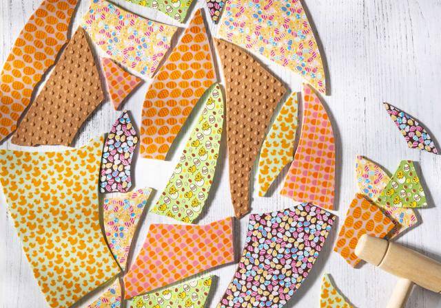 Slabs of colored chocolate with Easter prints and textures