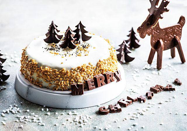 Christmas celebration cake decorated with chocolate decorations